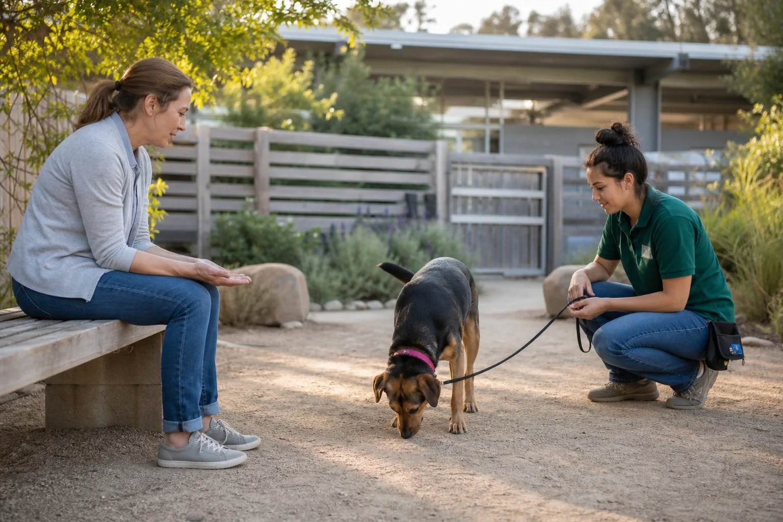 Primo incontro rispettoso tra un cane di canile e una possibile adottante con il supporto di un'operatrice