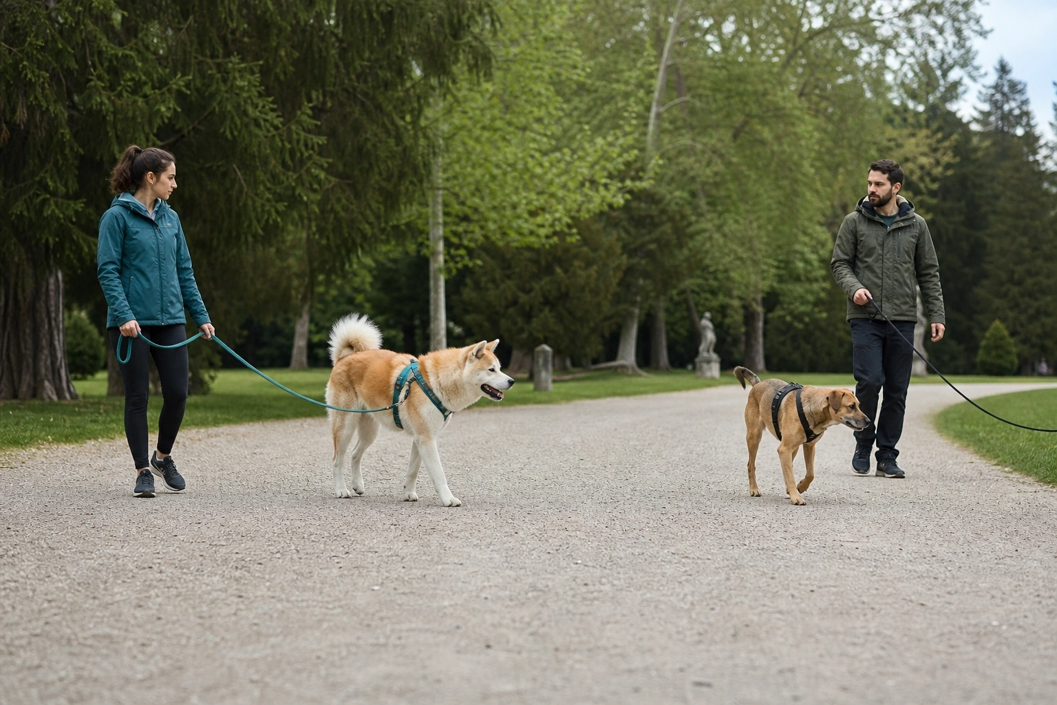 Passeggiata parallela tra un Akita giapponese e un altro cane