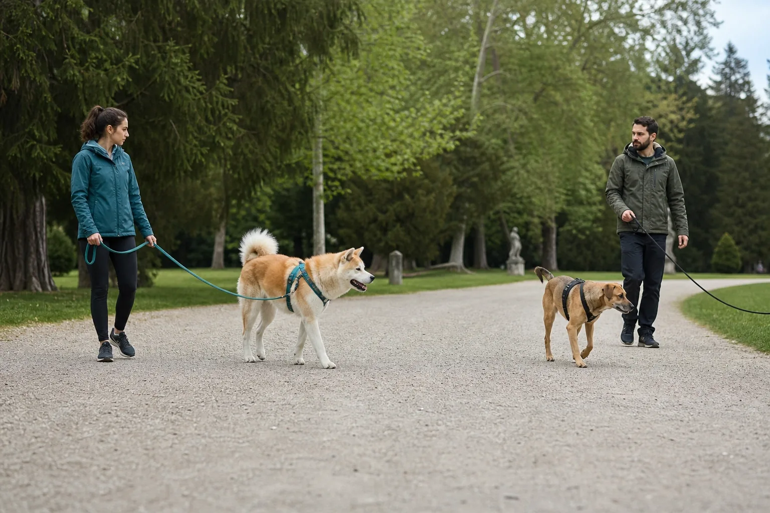 Passeggiata parallela tra un Akita giapponese e un altro cane
