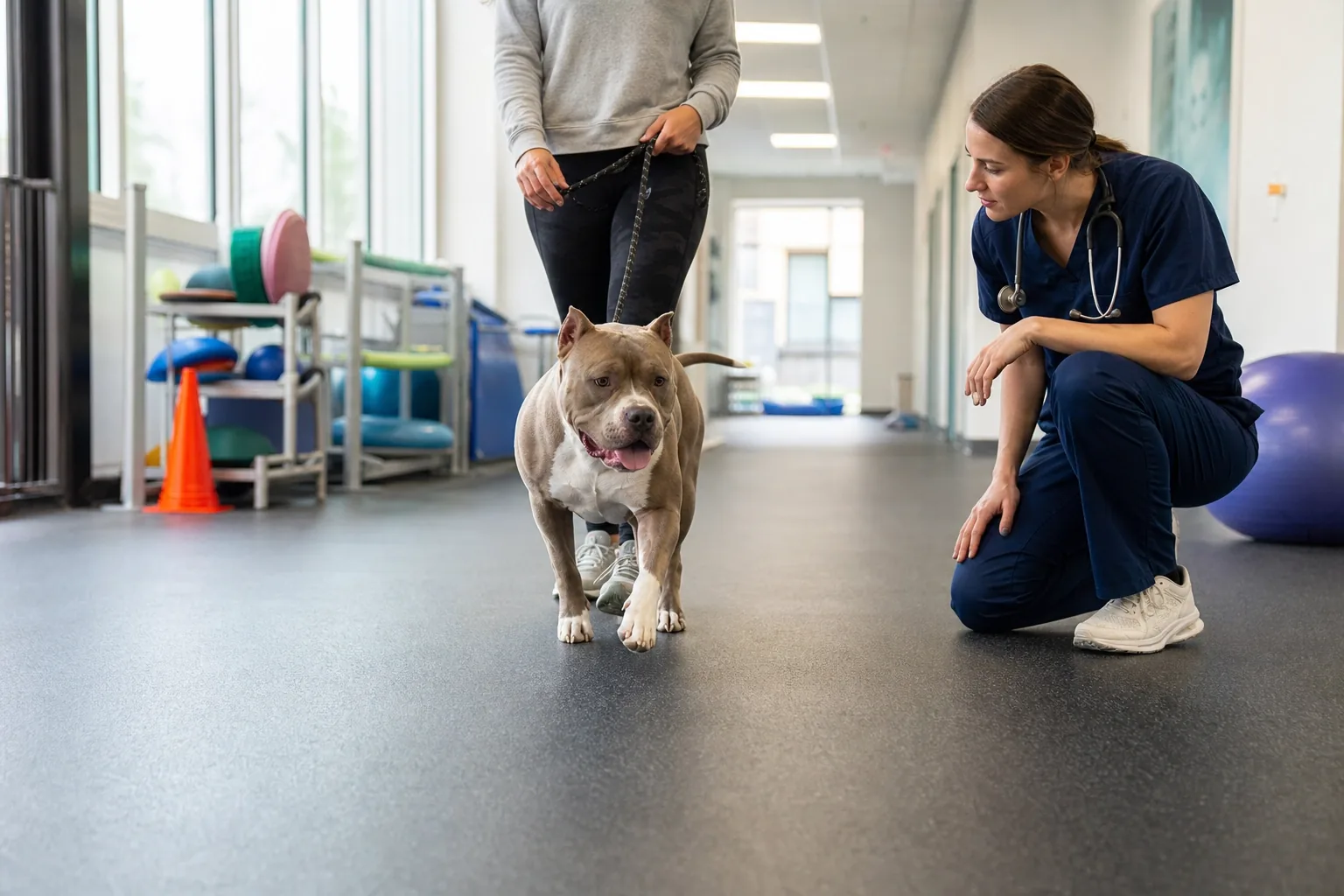 Veterinaria osserva il movimento funzionale di un American Bully in una struttura clinica