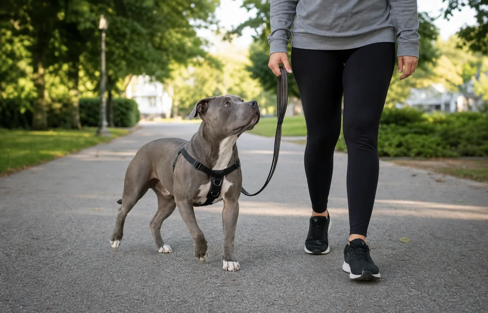 American Staffordshire Terrier durante una passeggiata al guinzaglio morbido