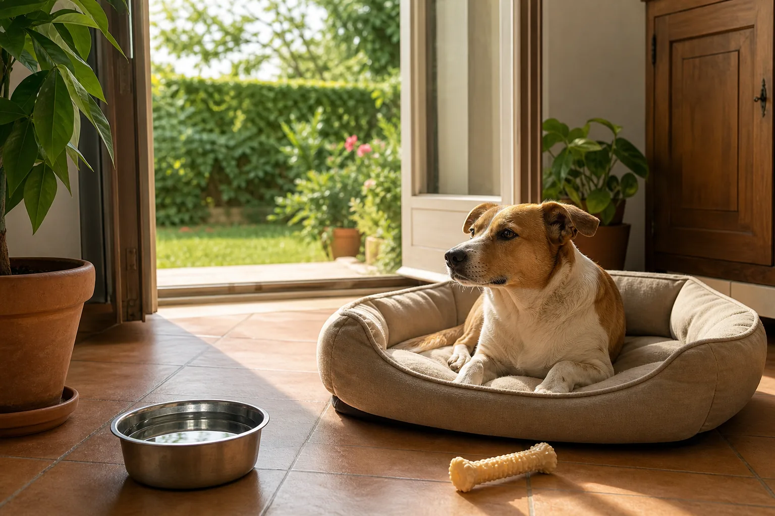 Cane rilassato in casa con acqua, riposo e attività a disposizione