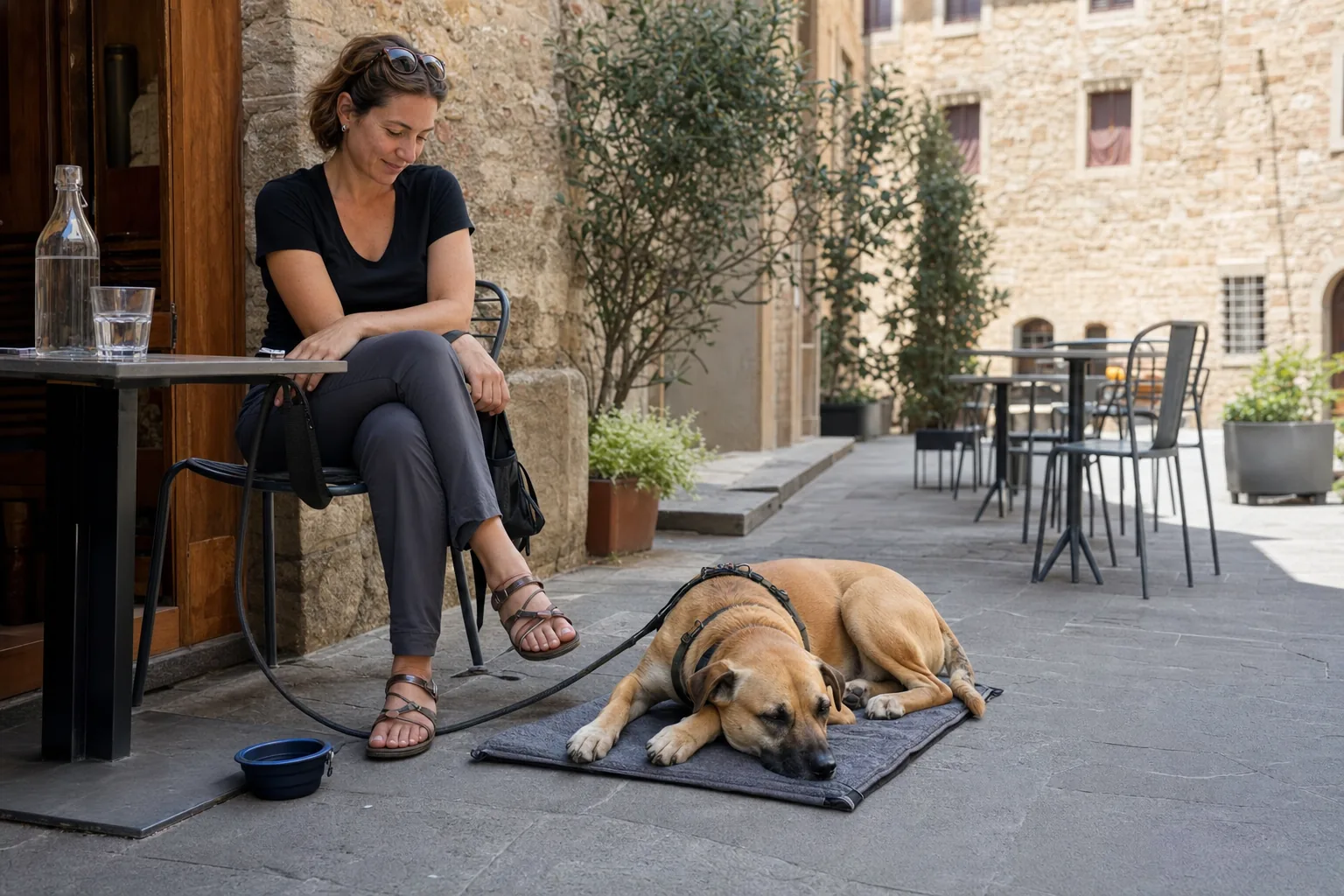 Cane tranquillo sul proprio tappetino accanto a un tavolo all'aperto