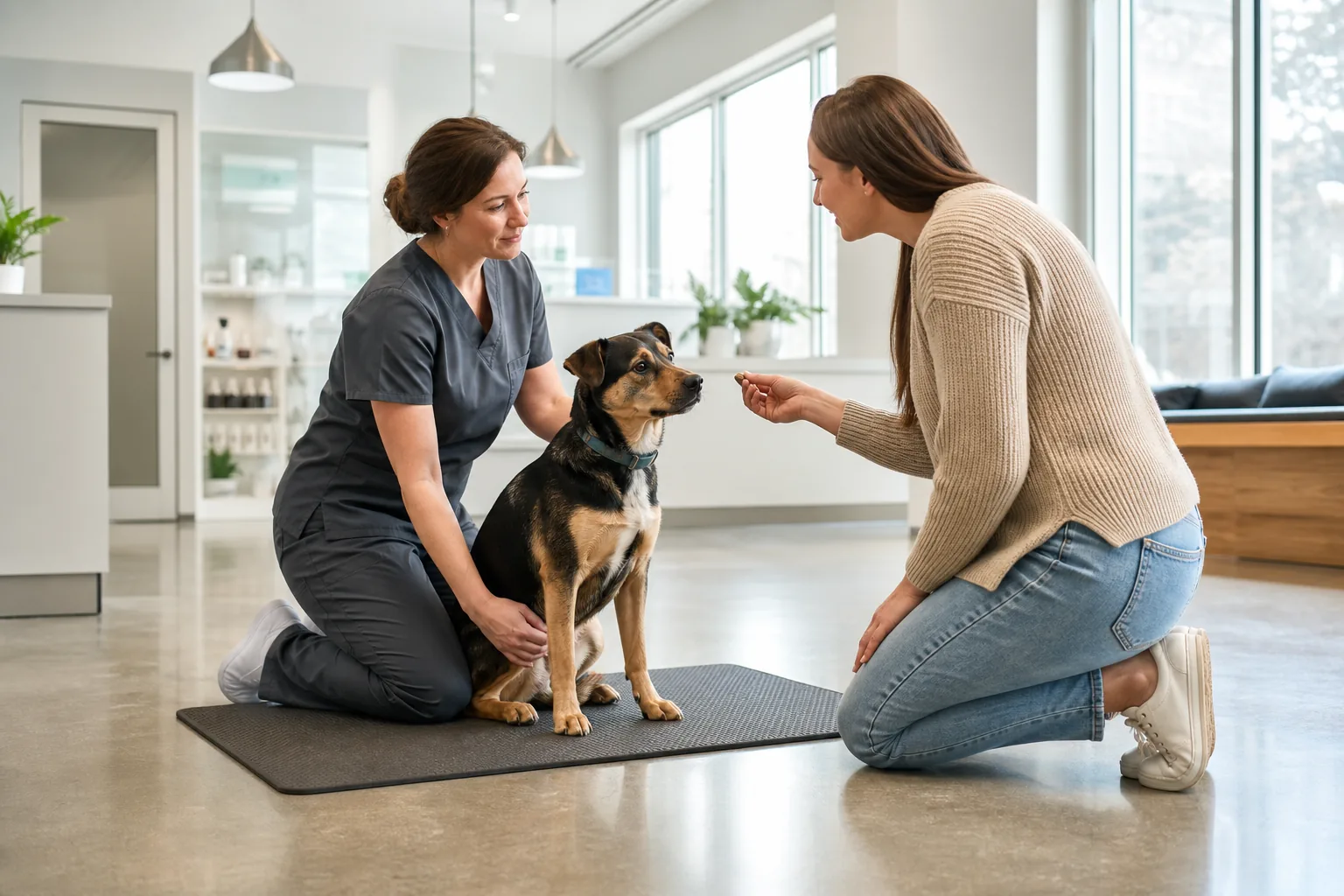 Cane accolto con calma durante una visita veterinaria