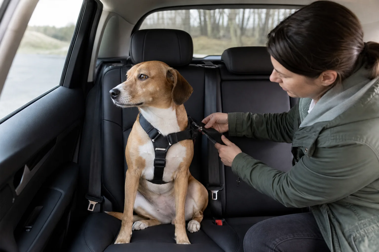 Cane assicurato correttamente sul sedile posteriore dell'auto