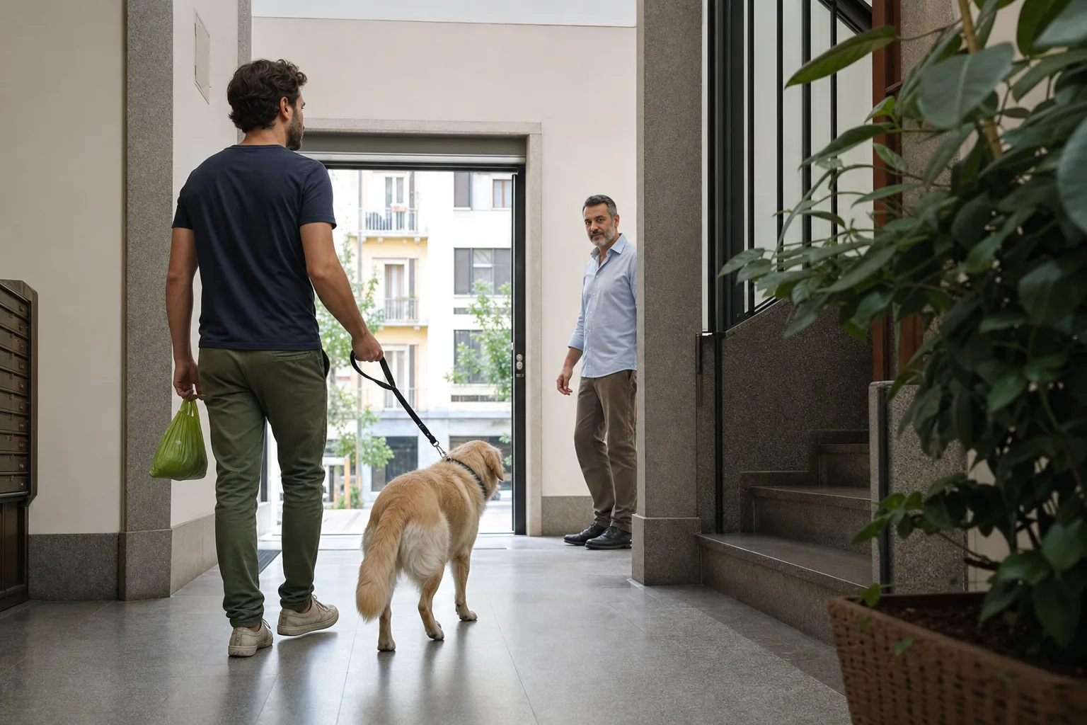 Cane con il suo compagno umano nell'area comune di un condominio