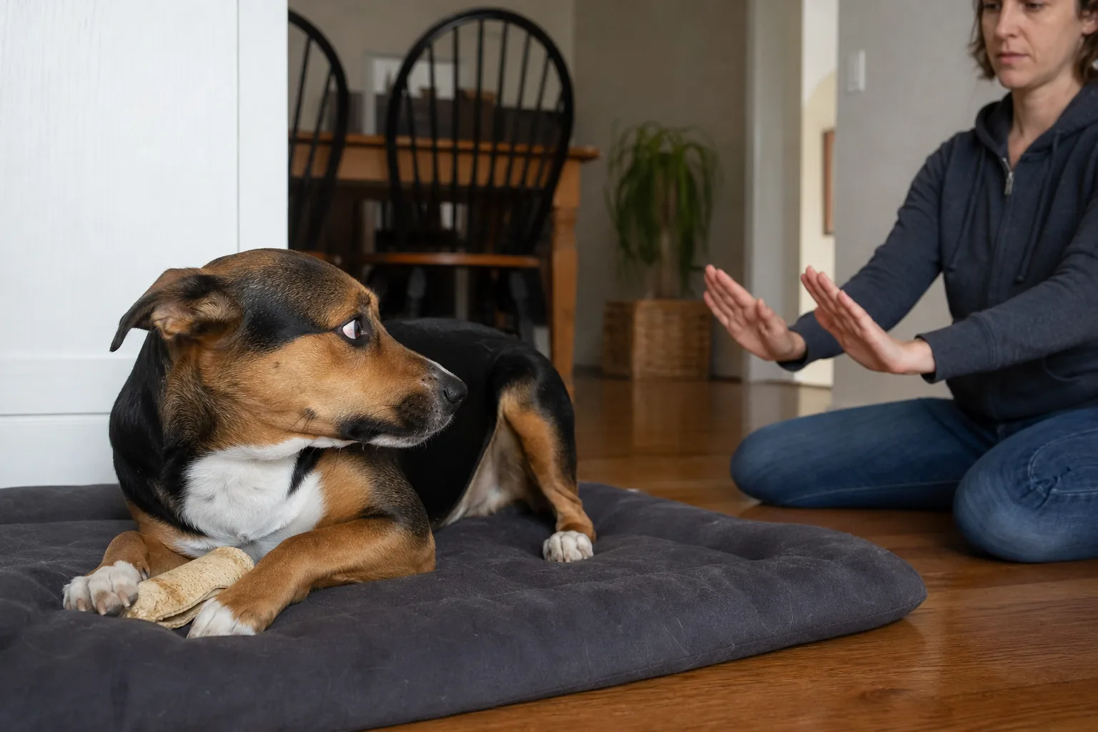 Cane che comunica disagio mentre una persona mantiene una distanza sicura