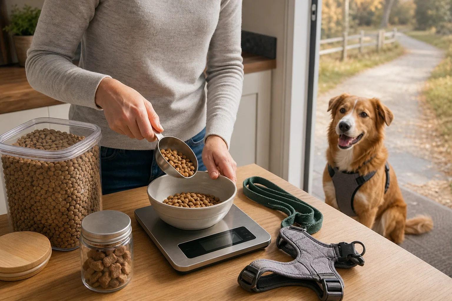 Razione del cane pesata con una bilancia da cucina insieme a premi e attrezzatura per la passeggiata