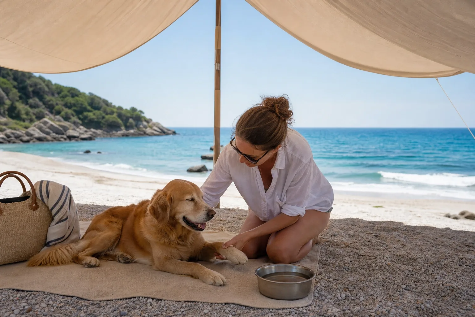 Cane protetto all'ombra con acqua fresca durante una giornata in spiaggia
