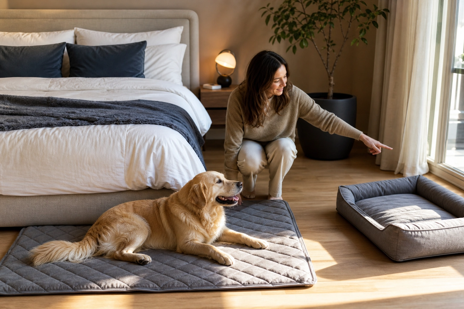 Cane che riposa serenamente ai piedi del letto