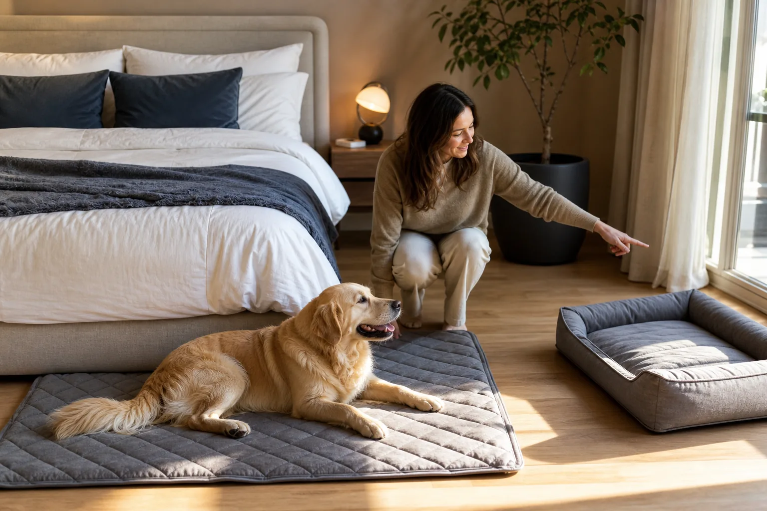 Cane che riposa serenamente ai piedi del letto
