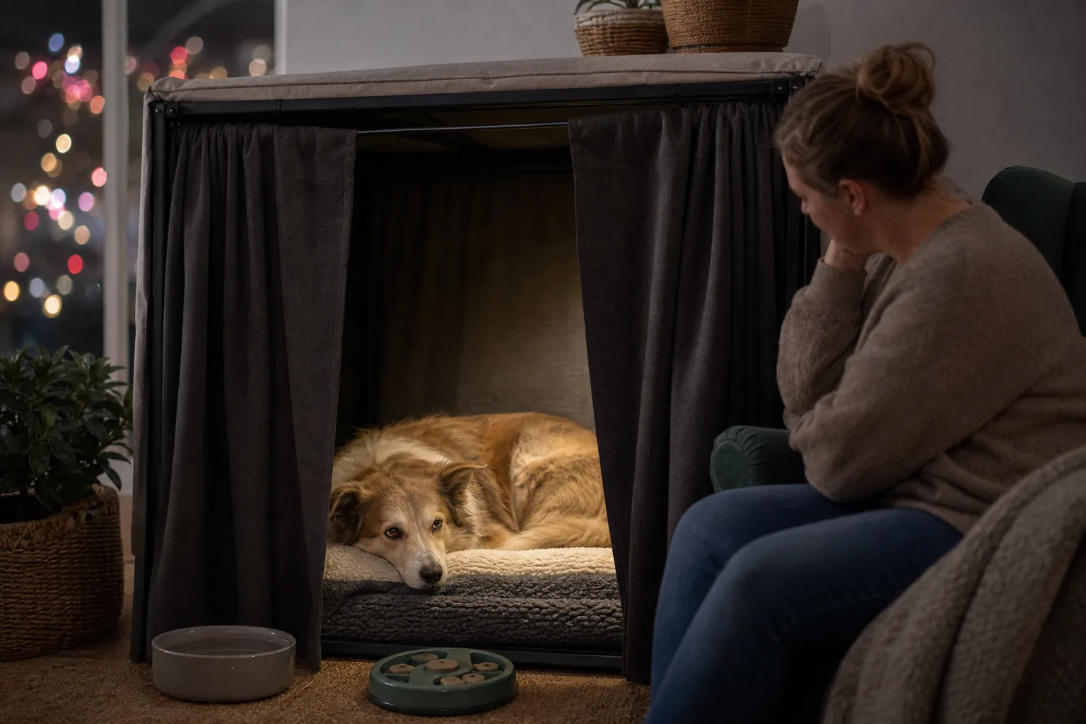 Cane protetto in una stanza tranquilla durante i fuochi d'artificio