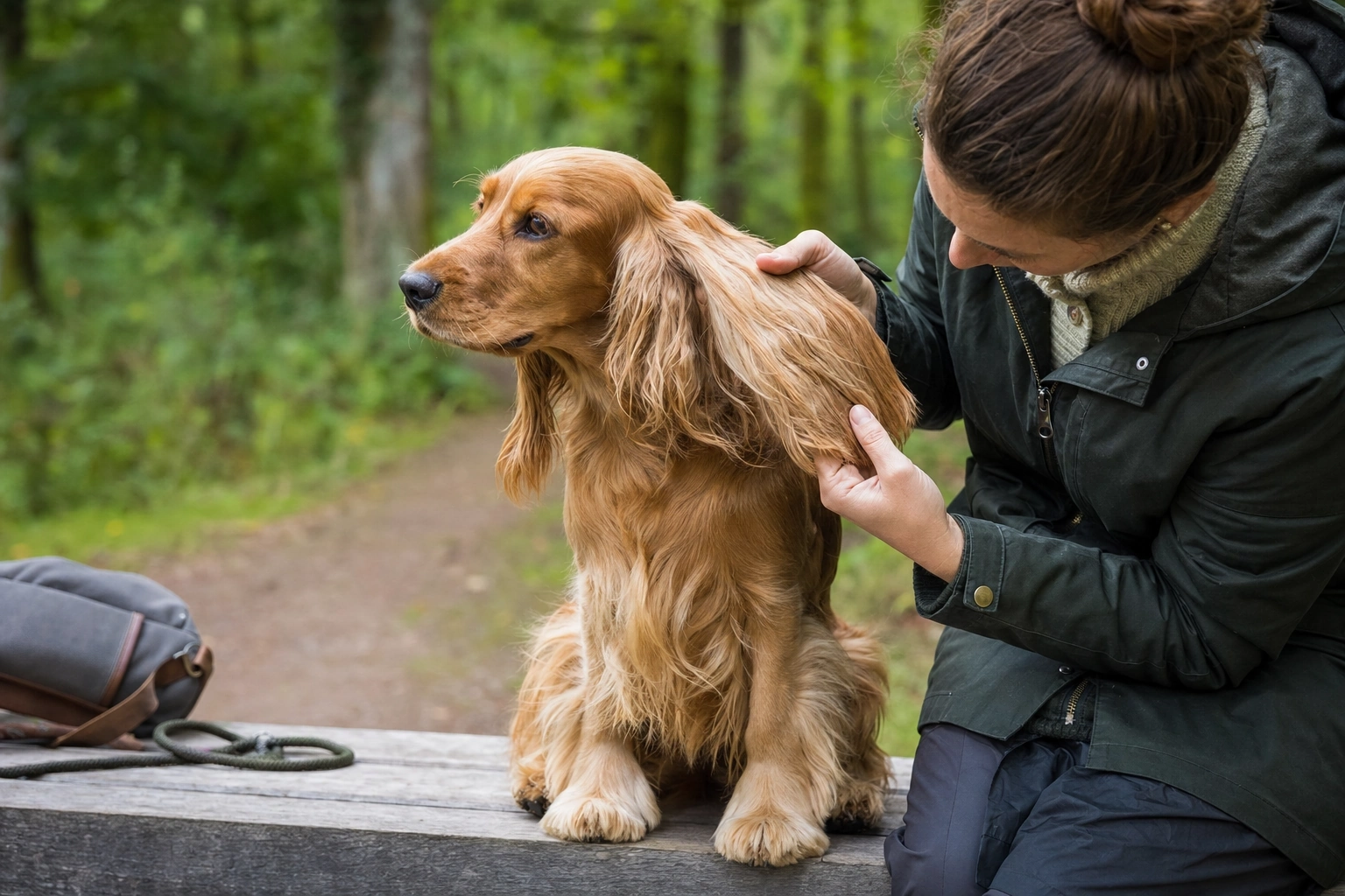 Controllo delicato del pelo e delle orecchie di un Cocker Spaniel Inglese dopo la passeggiata