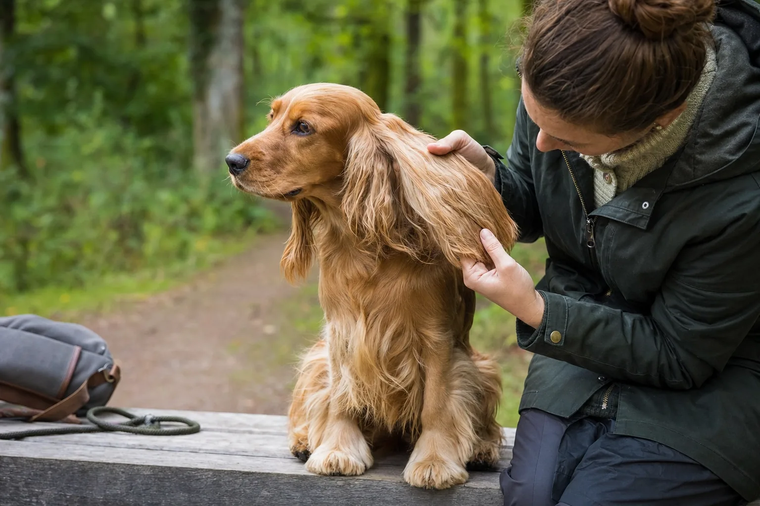 Controllo delicato del pelo e delle orecchie di un Cocker Spaniel Inglese dopo la passeggiata