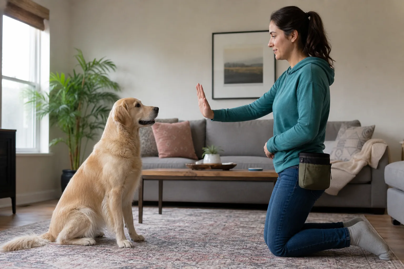 Persona che comunica con il cane usando postura e tono calmi