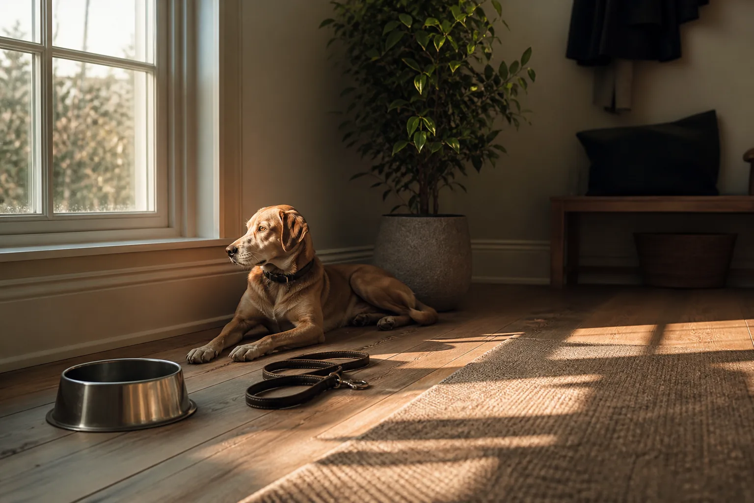 Cane che aspetta vicino alla finestra in un ambiente domestico