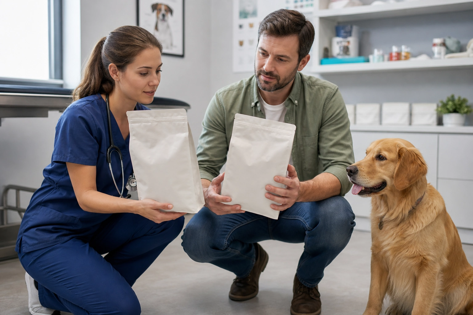 Ciotola con alimento completo per cani e confezione esaminata dal proprietario