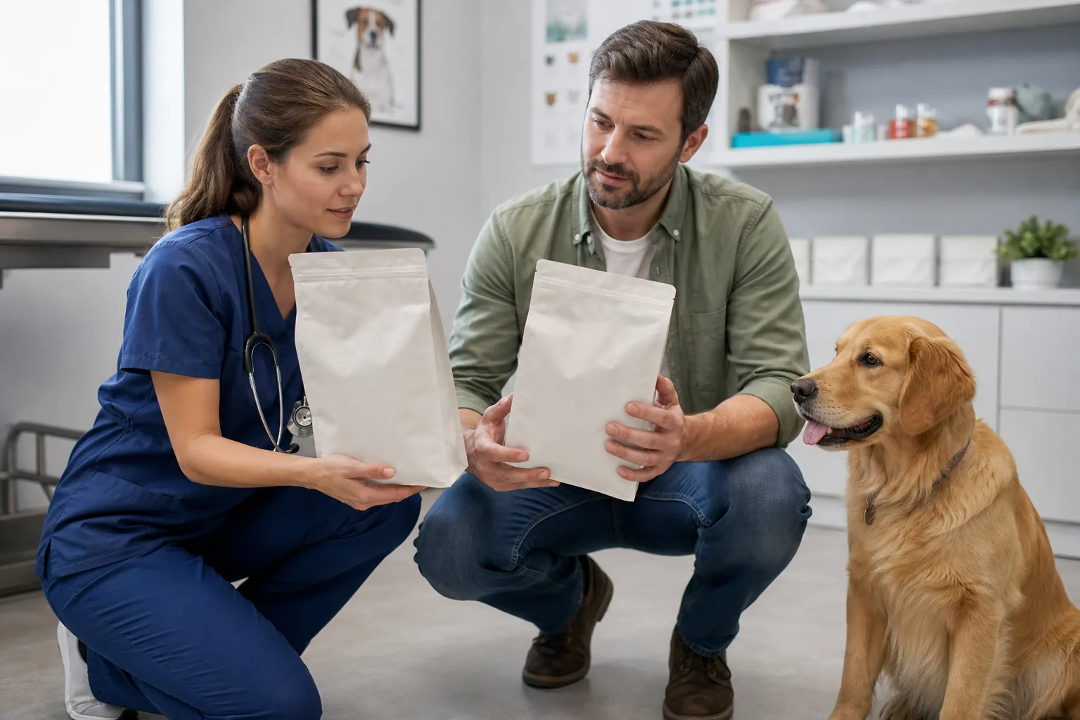 Ciotola con alimento completo per cani e confezione esaminata dal proprietario