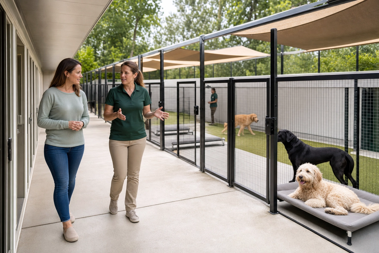 Cani rilassati in una pensione con spazi puliti e sorvegliati