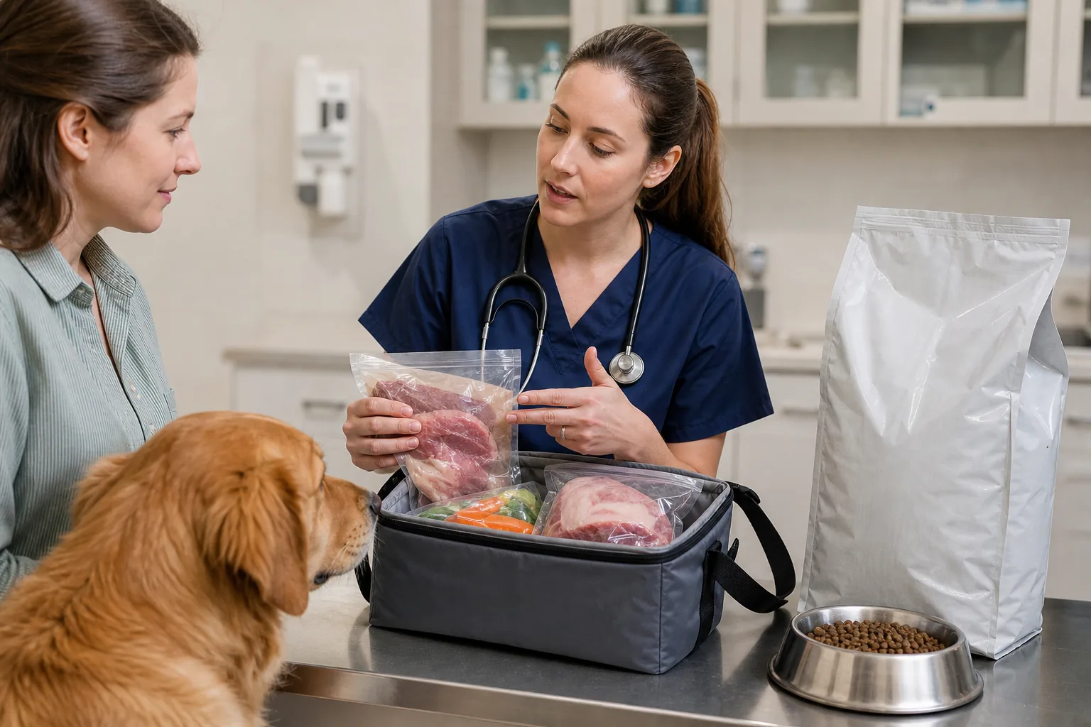 Preparazione controllata del pasto del cane con attenzione all'igiene