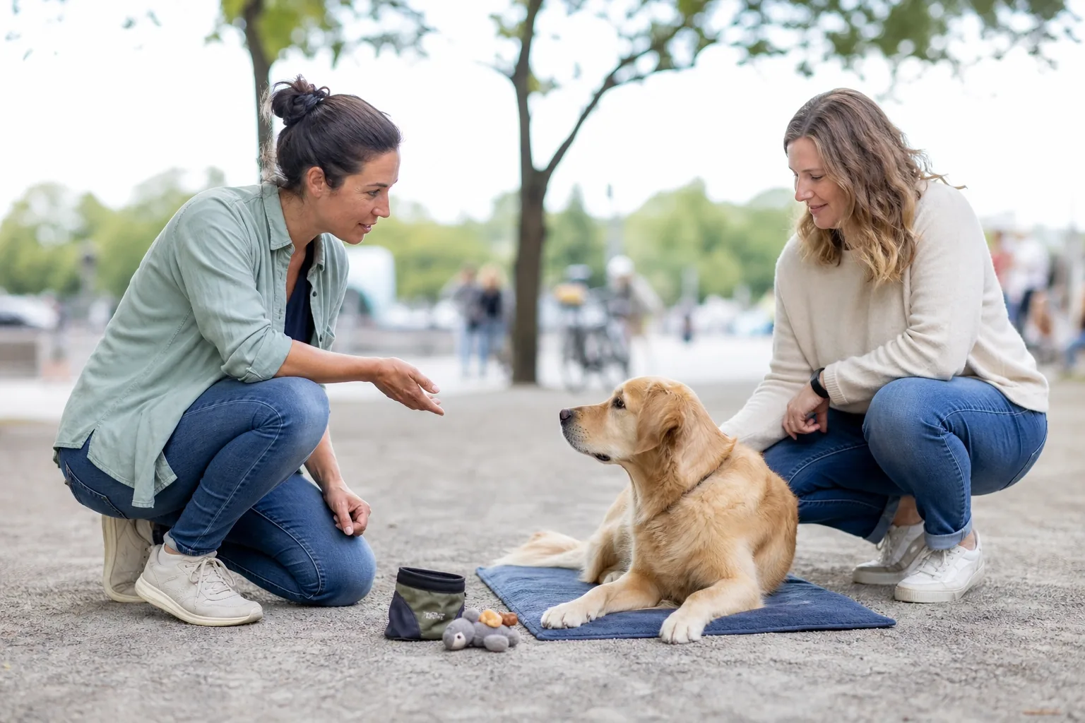 Professionista e persona di riferimento lavorano con il cane attraverso una sessione calma e basata sulle ricompense