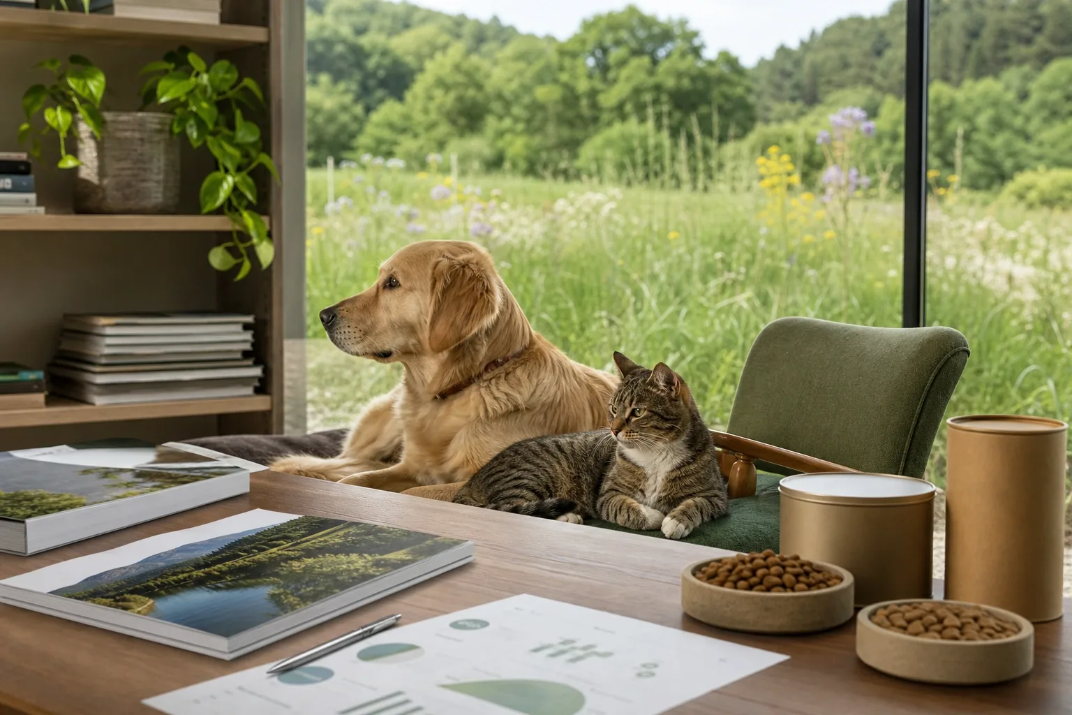 Cane e gatto in un ambiente editoriale dedicato a impresa responsabile e biodiversità