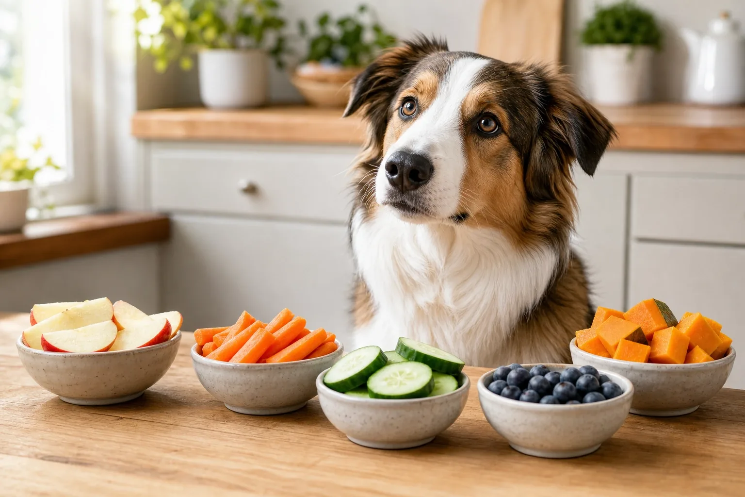 Porzioni separate di frutta e verdura adatte come snack occasionale per il cane