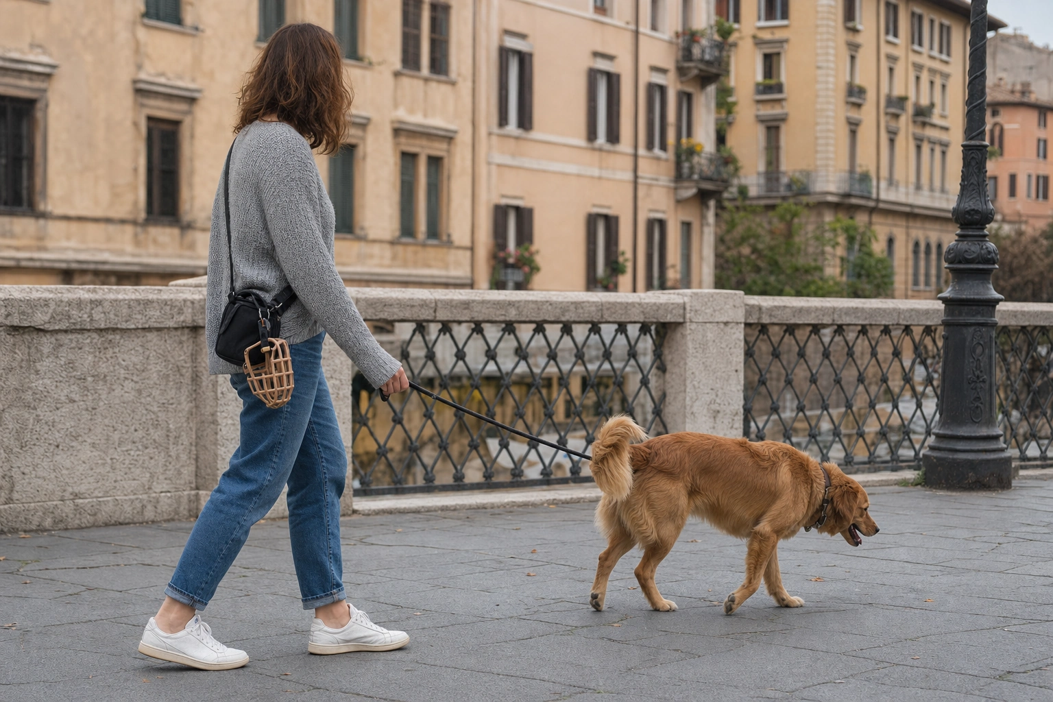 Cane con guinzaglio e museruola a cestello correttamente indossata