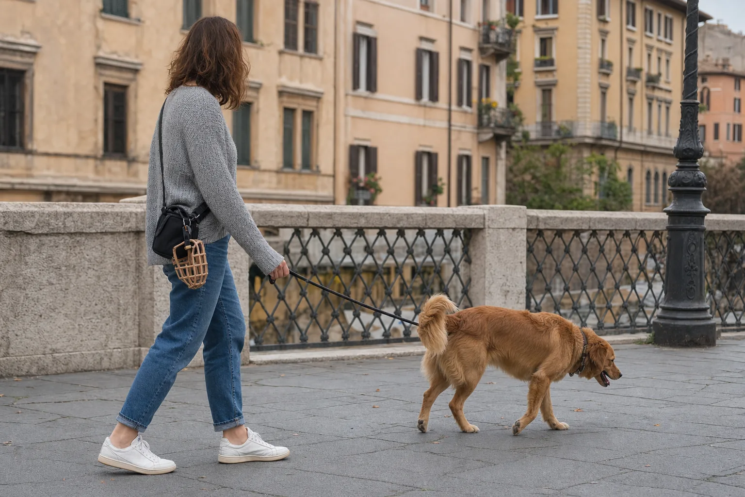 Cane con guinzaglio e museruola a cestello correttamente indossata