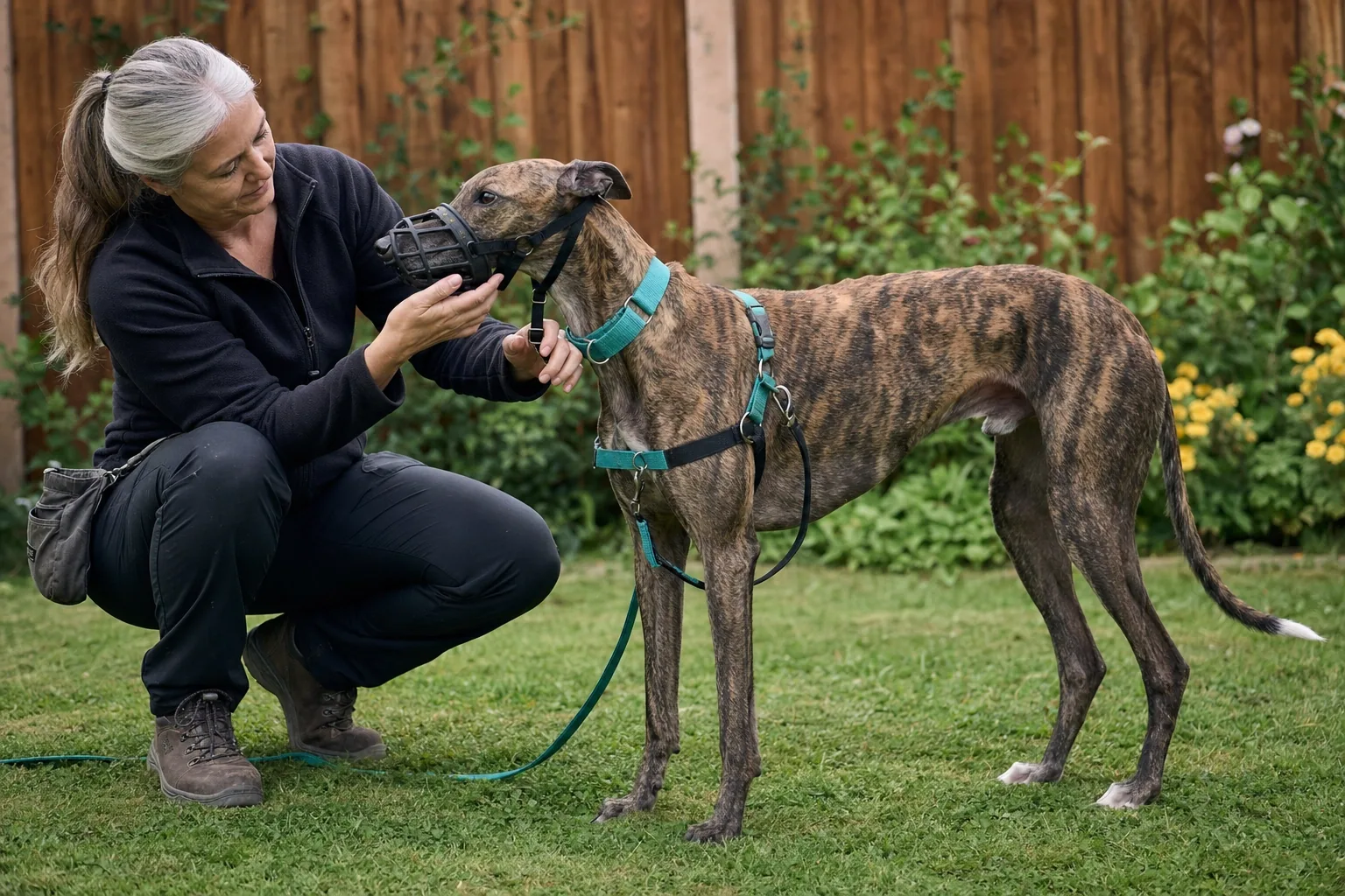 Introduzione cooperativa della museruola a cestello a un Greyhound