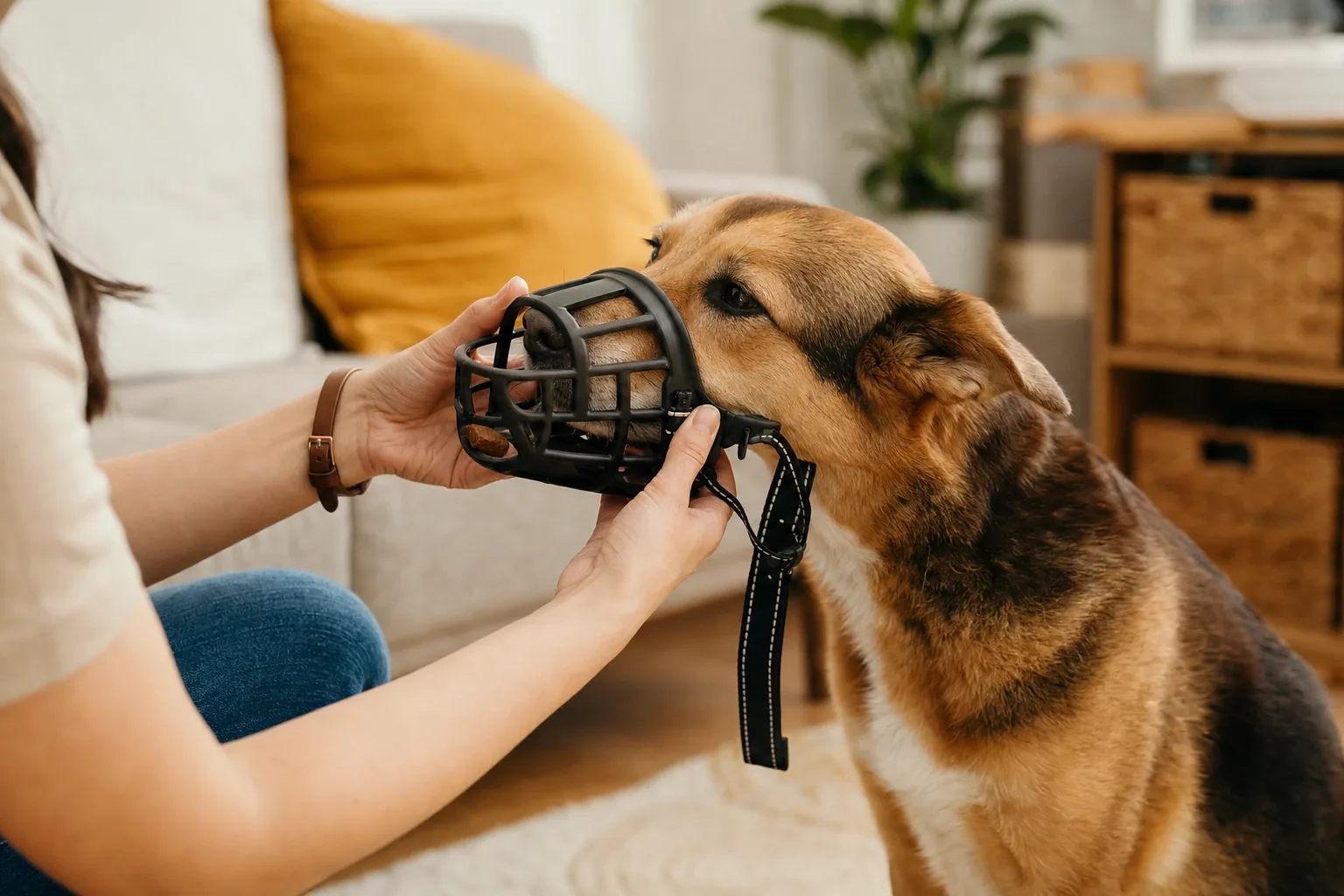 Cane durante un esercizio graduale e basato sui premi con una museruola a cestello