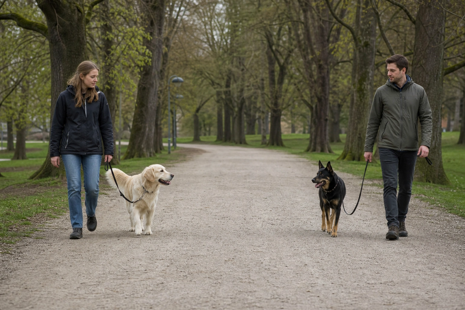 Due cani in passeggiata parallela mantenendo una distanza confortevole