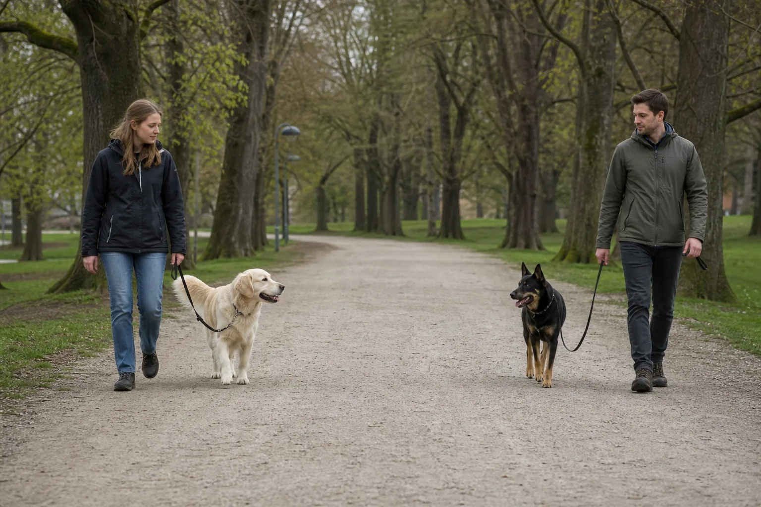 Due cani in passeggiata parallela mantenendo una distanza confortevole
