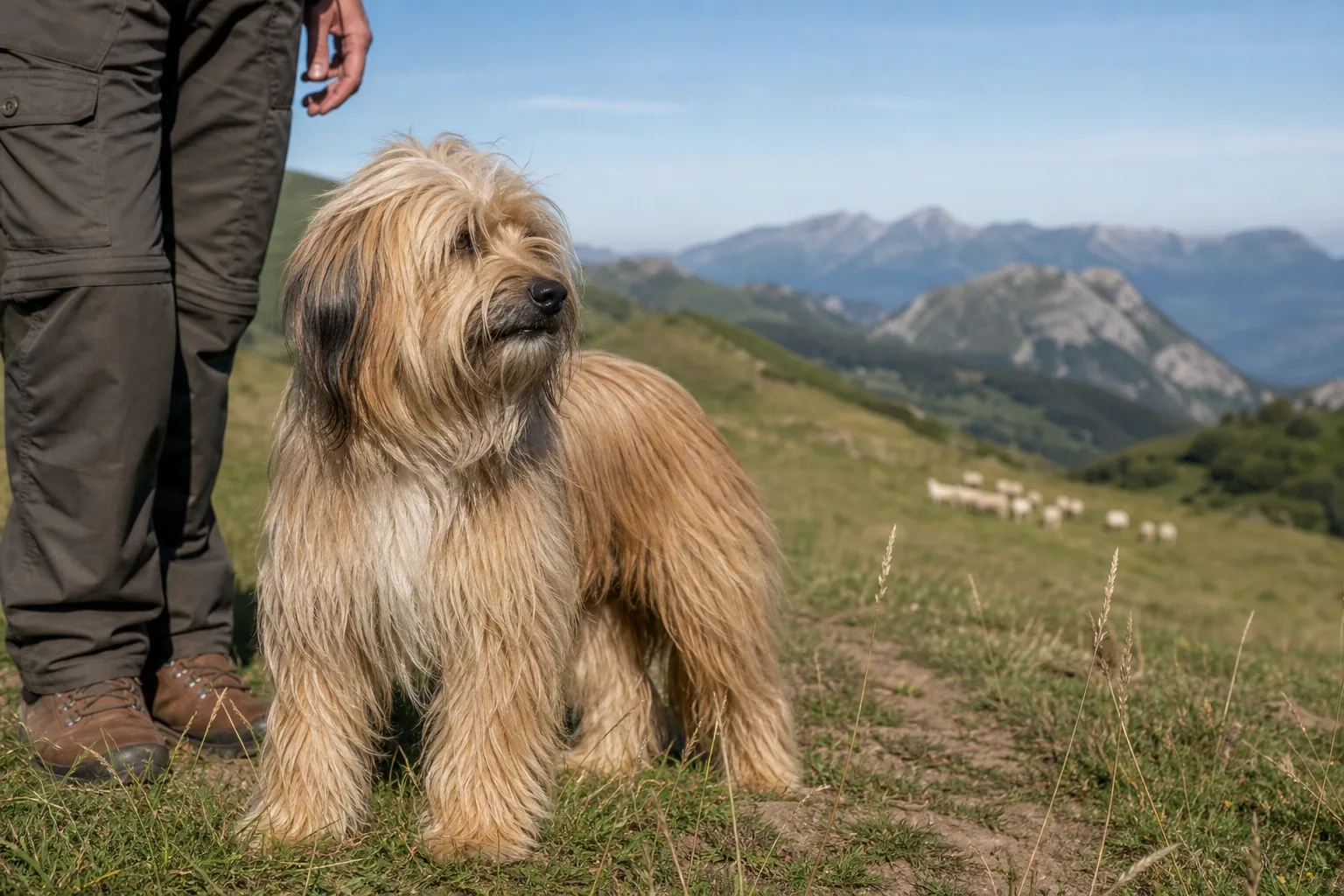 Pastore dei Pirenei a pelo lungo in un ambiente montano