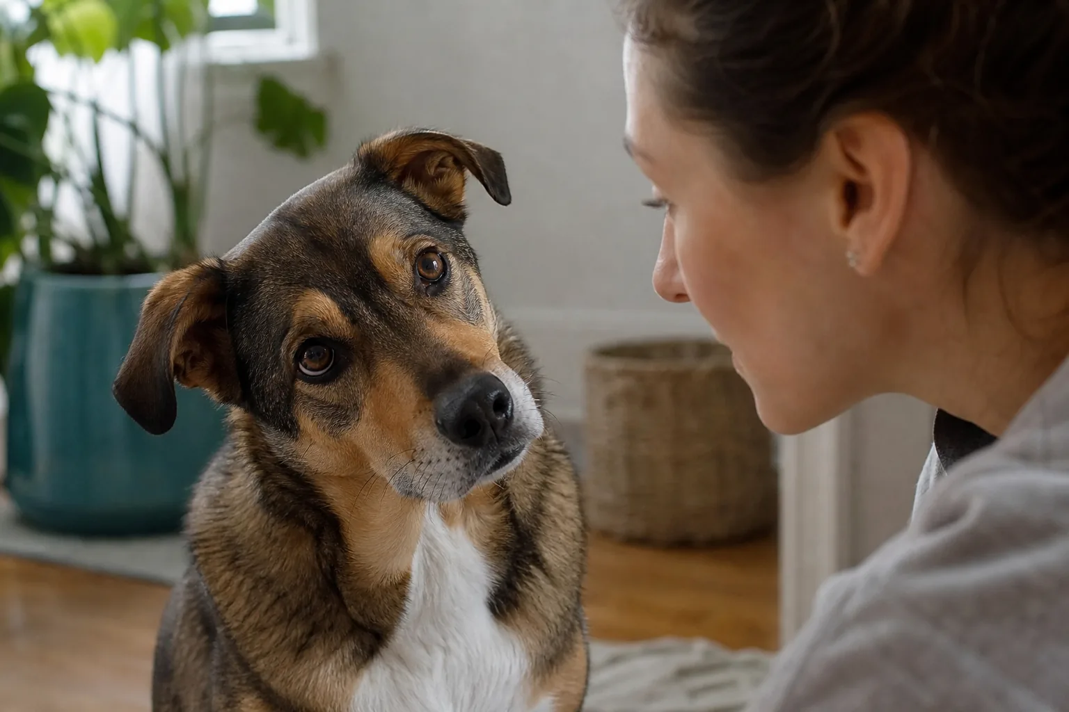 Cane che inclina la testa ascoltando la voce del proprietario