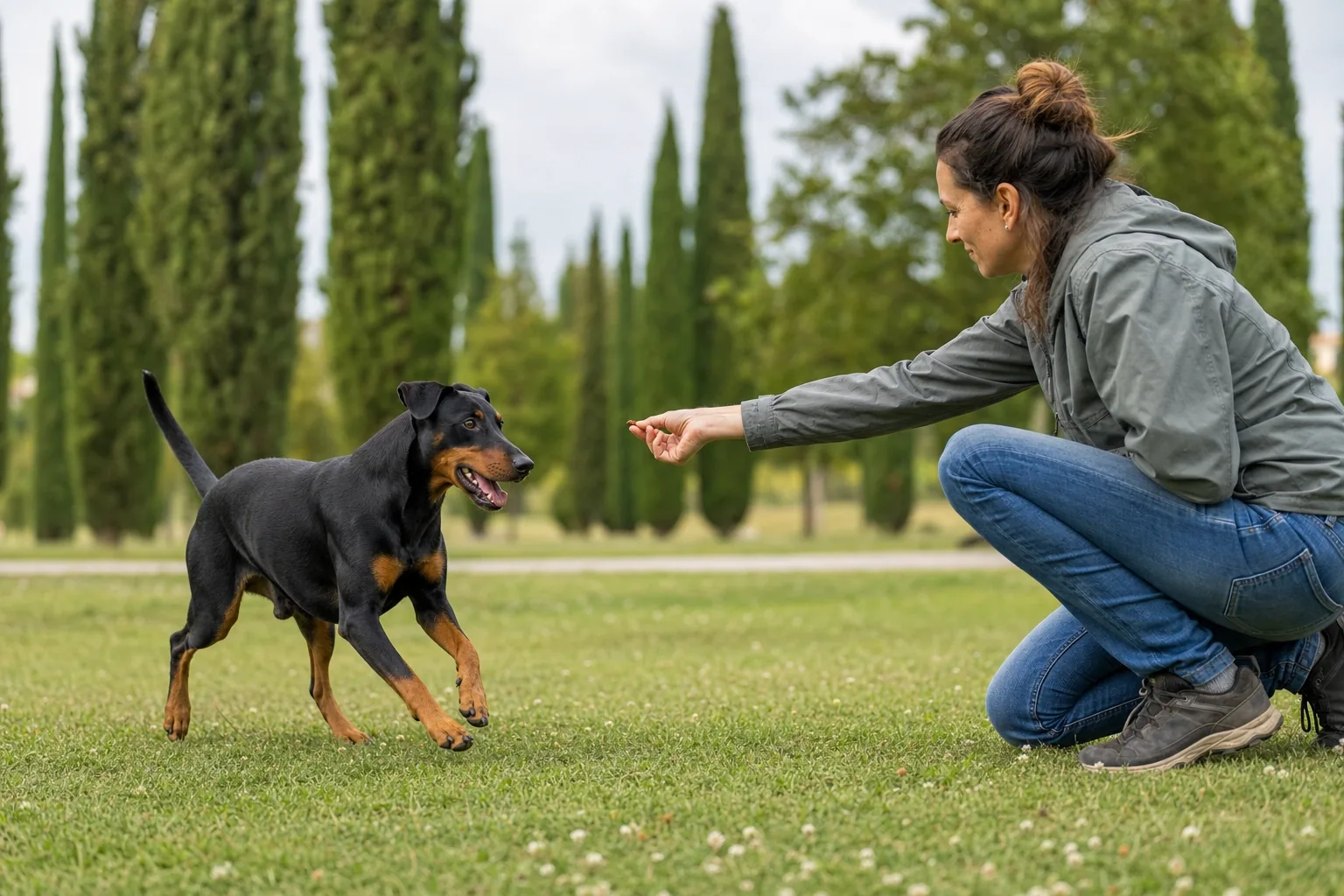 Pinscher tedesco durante un esercizio di richiamo basato sul premio