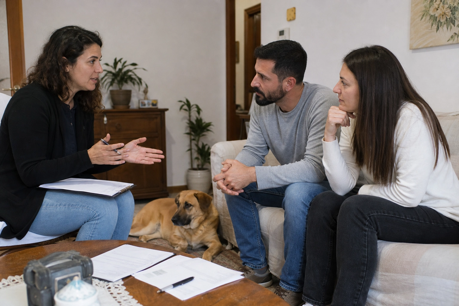 Famiglia e cane durante un incontro di pre-affido in rifugio