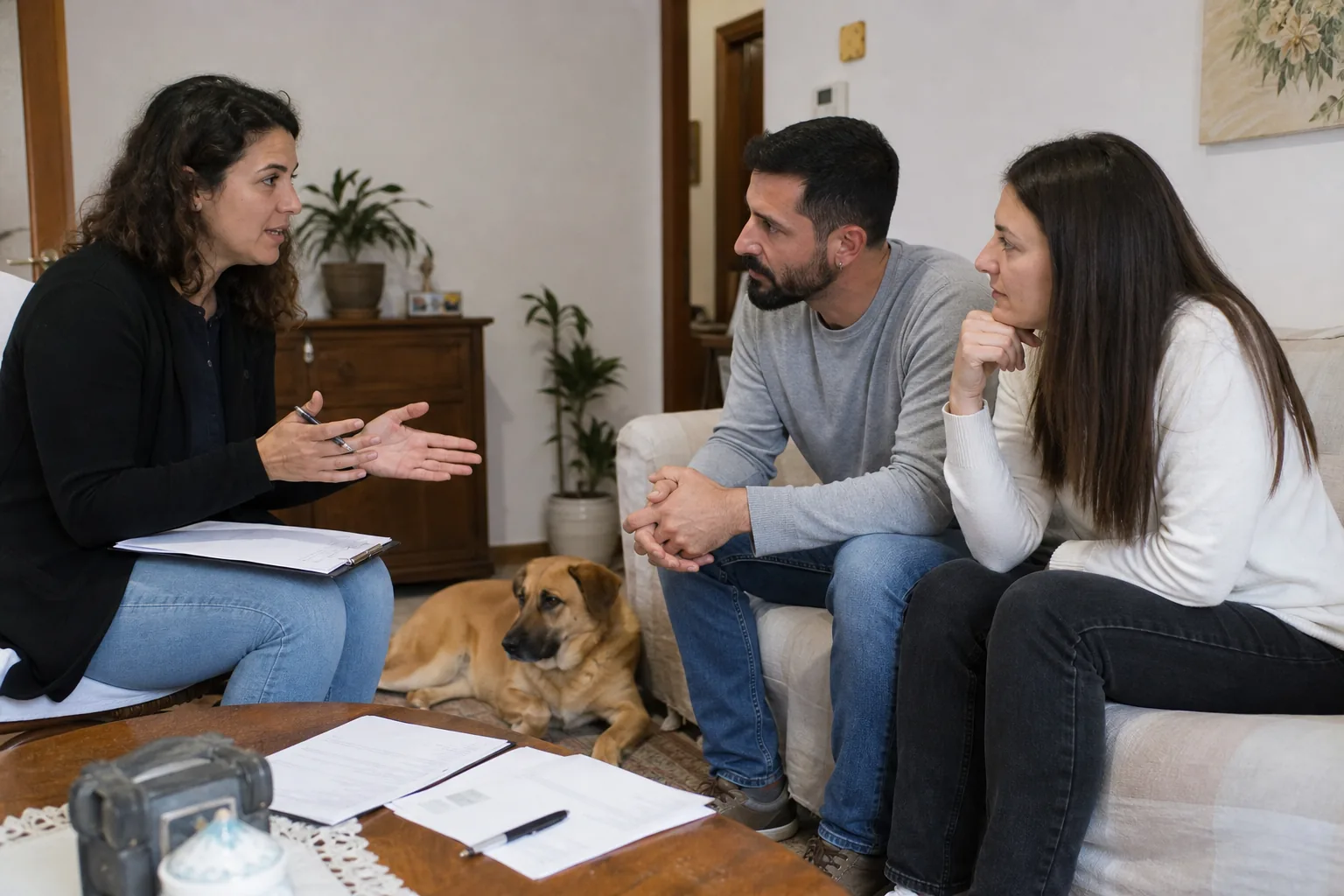 Famiglia e cane durante un incontro di pre-affido in rifugio