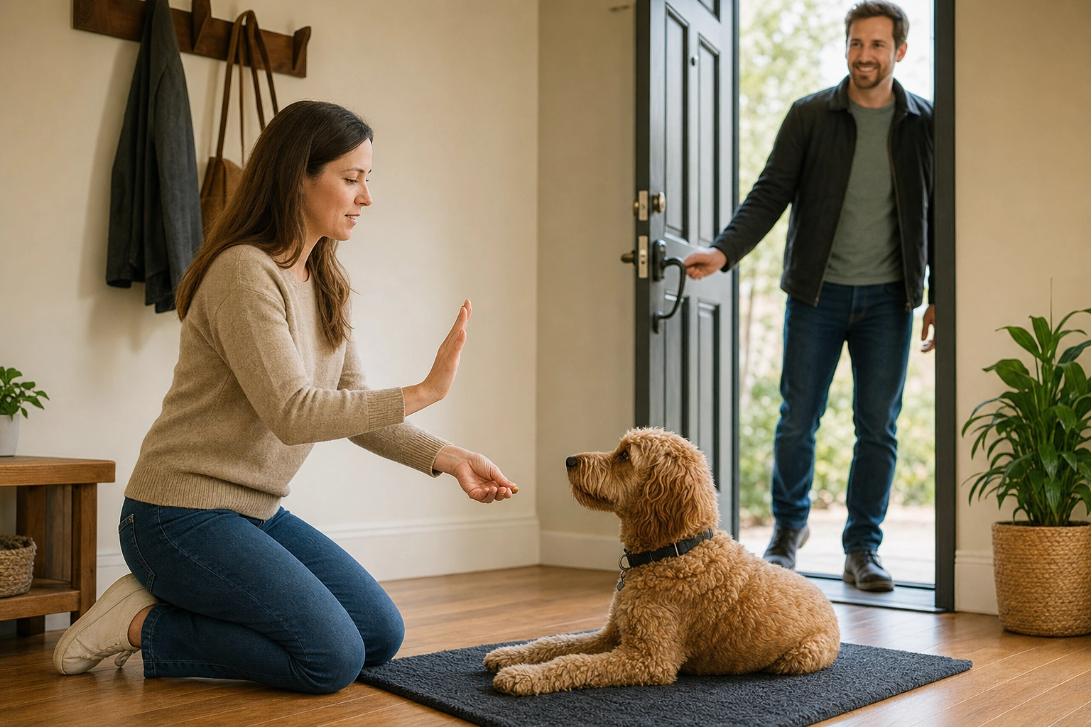 Cane che segue una routine domestica calma senza metodi punitivi