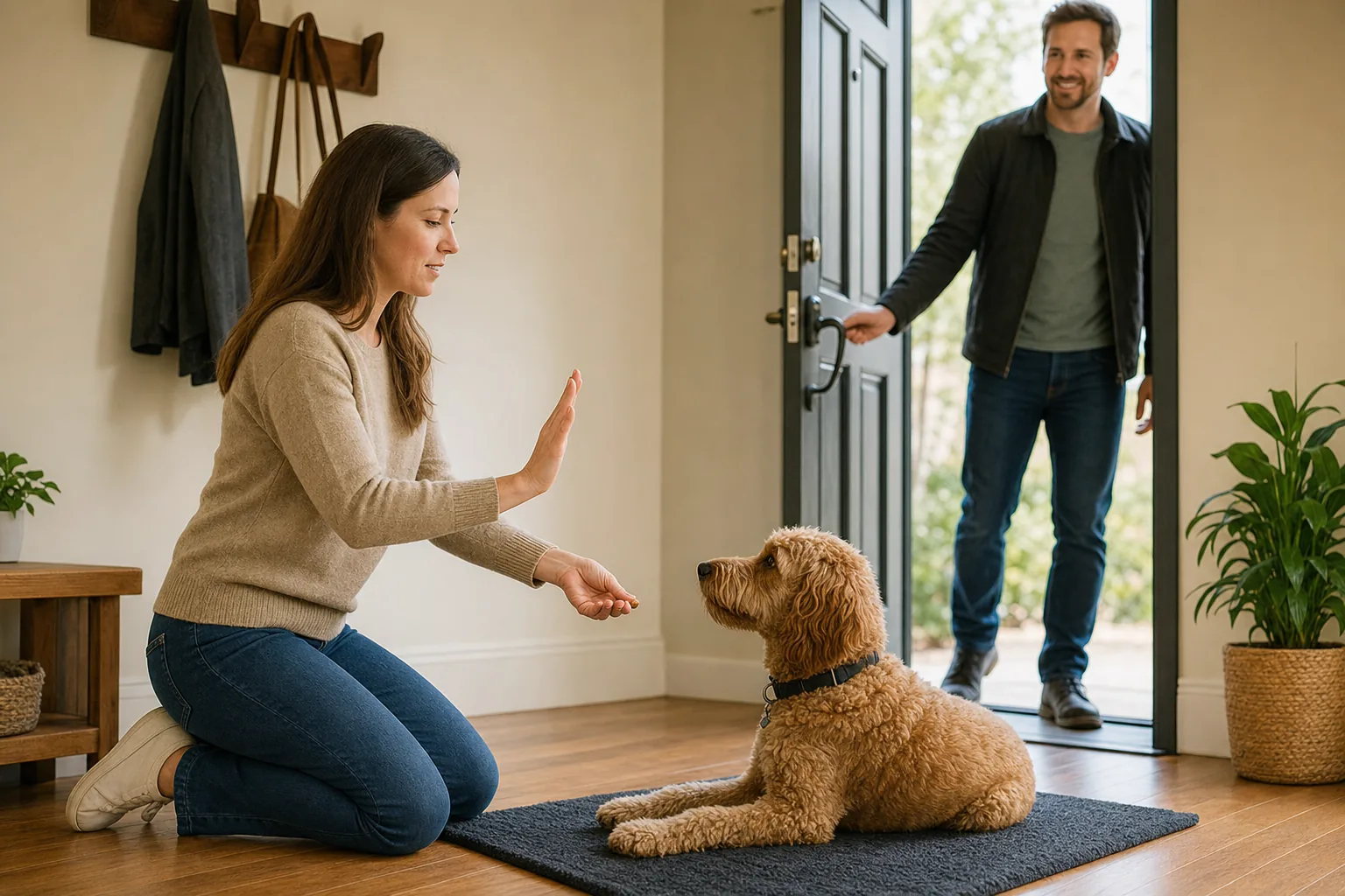 Cane che segue una routine domestica calma senza metodi punitivi