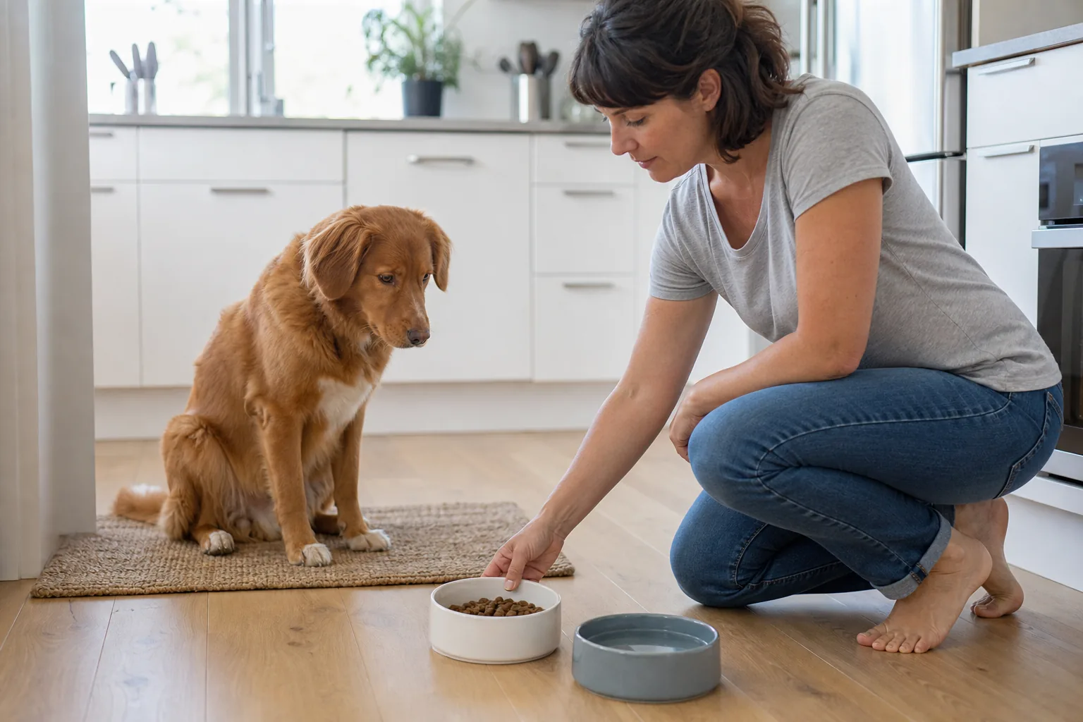 Cane che attende con calma la preparazione del pasto