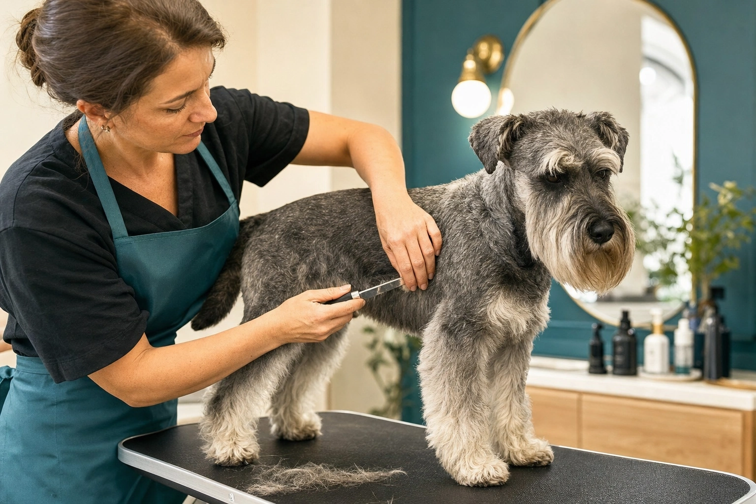 Stripping professionale del mantello di uno Schnauzer medio