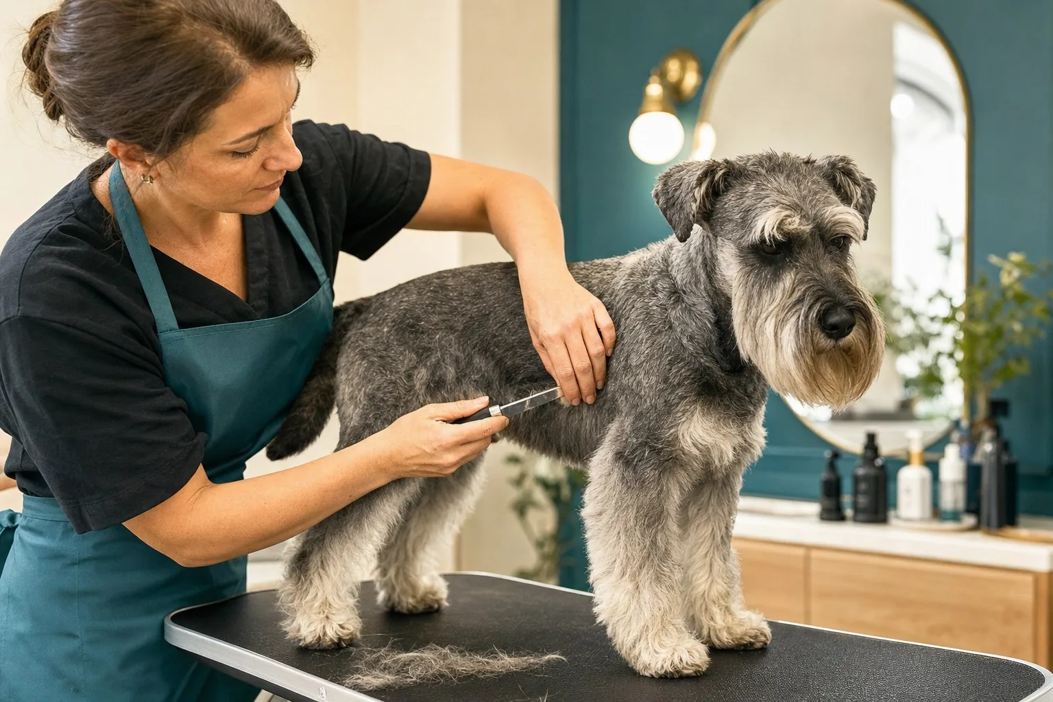 Stripping professionale del mantello di uno Schnauzer medio