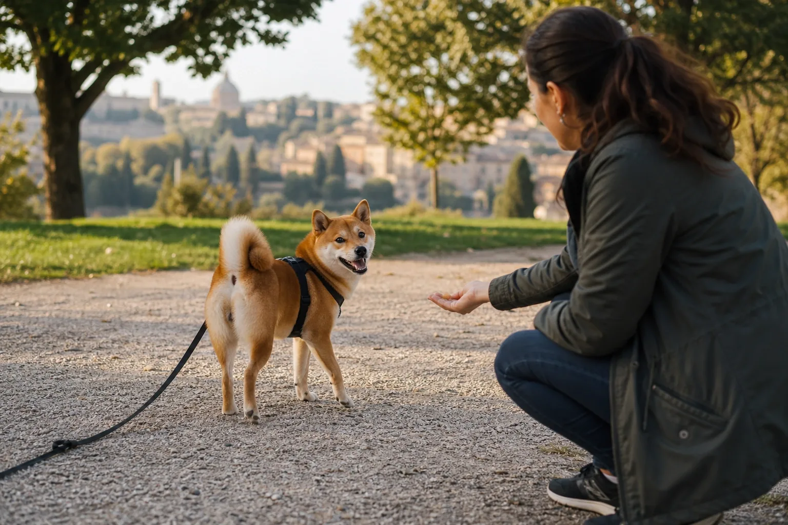 Shiba Inu durante un esercizio di richiamo con pettorina e lunghina