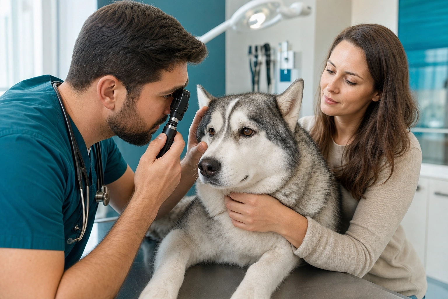 Visita oculistica veterinaria di un Siberian Husky