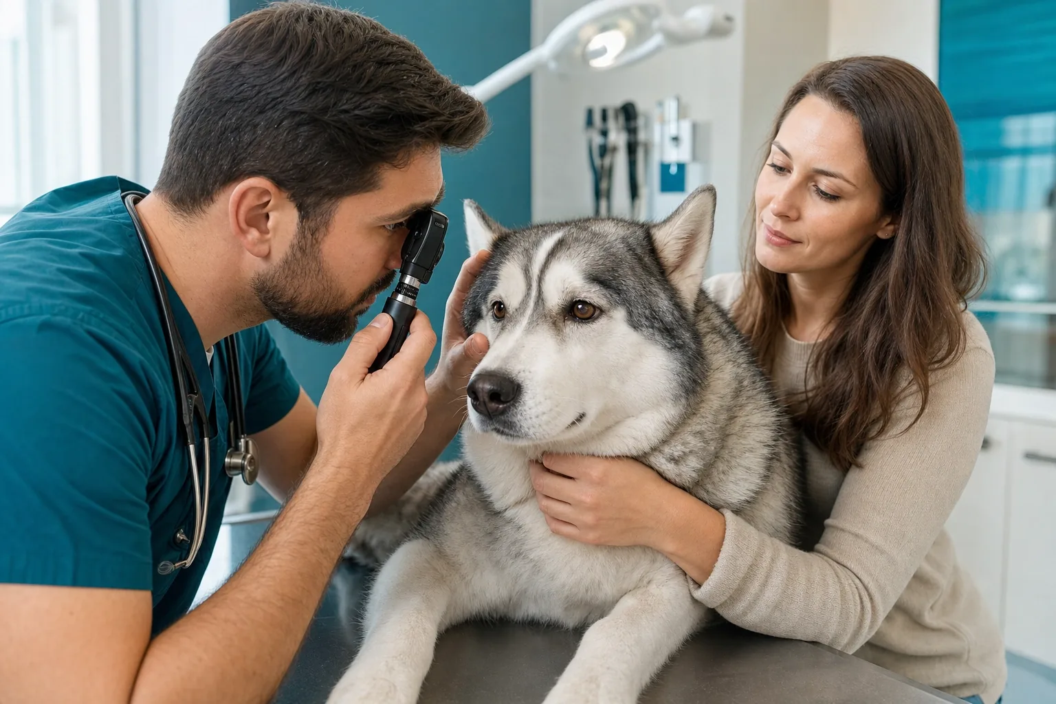 Visita oculistica veterinaria di un Siberian Husky