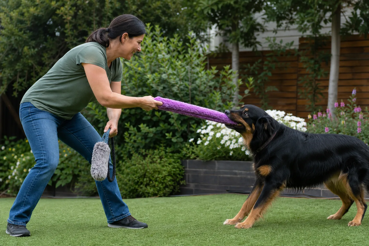 Persona e cane che giocano al tira e molla con regole chiare