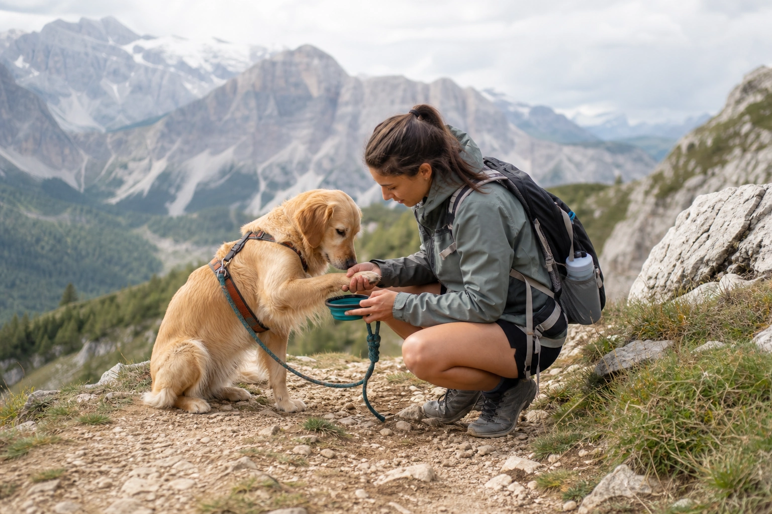 Cane con pettorina durante un'escursione sicura in montagna