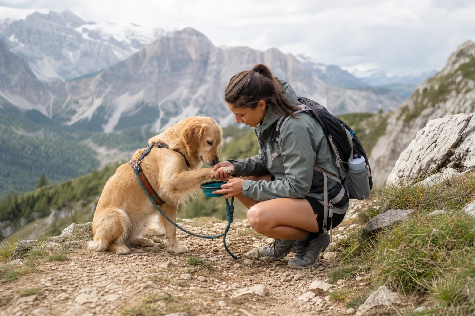 Cane con pettorina durante un'escursione sicura in montagna