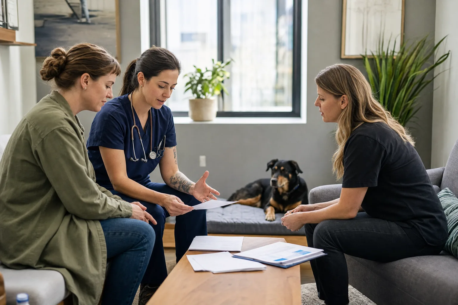 Professionista cinofilo che collabora con proprietario e cane